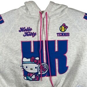 Hello Kitty Tennis Cropped Hoodie‎ Ash Heather Grey Pink Blue Sanrio Large NEW